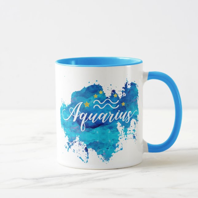 Zodiac Aquarius Blue Watercolor Gold Stars Mug (Right)