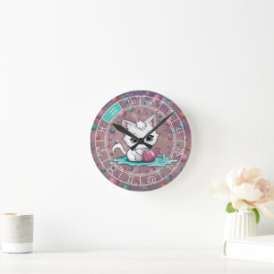 Zodiac Aquarius Cute Cat Wheel Planet Astrology Round Clock