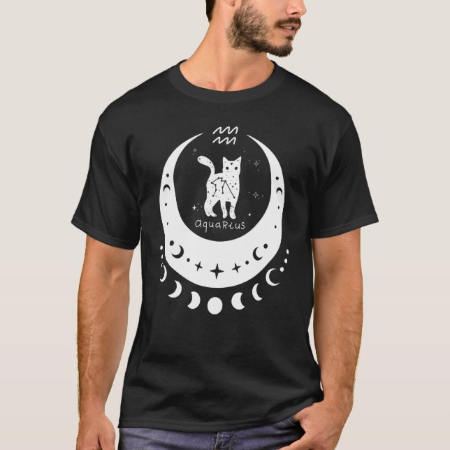 Zodiac Aquarius Horoscope Astrology Cat Crescent M T-Shirt (Front)