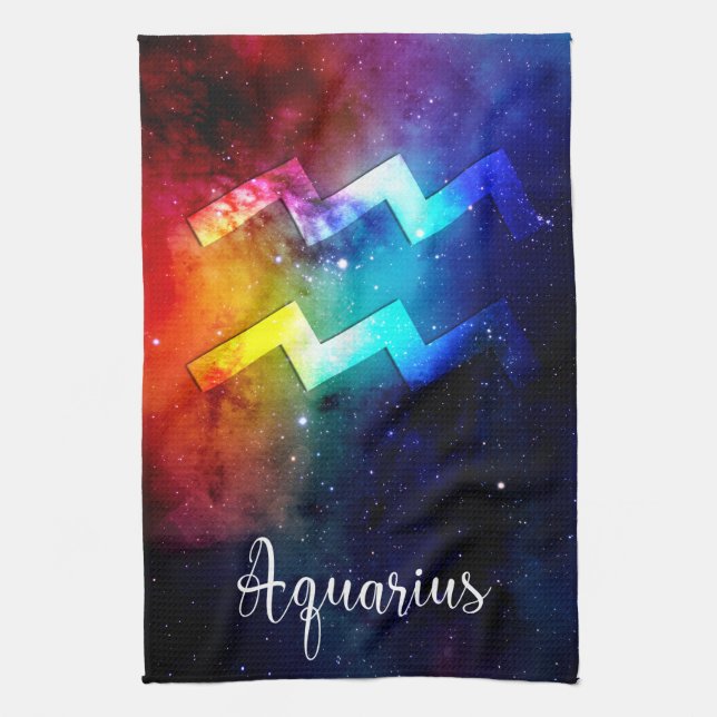 Zodiac : Aquarius Space Rainbow Tea Towel (Vertical)