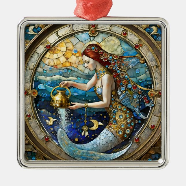 Zodiac - Aquarius The Water Bearer Mermaid Metal Ornament (Front)