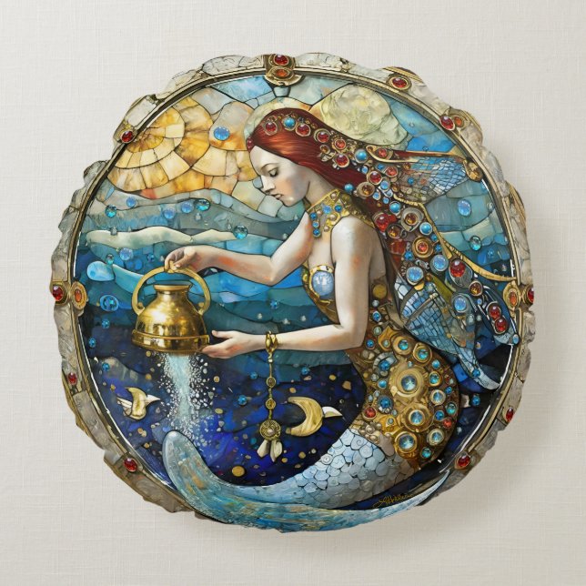 Zodiac - Aquarius The Water Bearer Mermaid Round Cushion (Front)