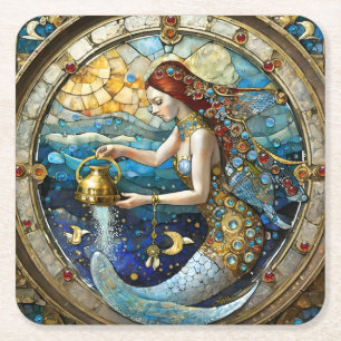 Zodiac - Aquarius The Water Bearer Mermaid Square Paper Coaster