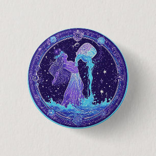 Zodiac Aquarius with Stars and Mystical Symbols 3 Cm Round Badge