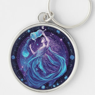 Zodiac Aquarius with Stars and Mystical Symbols Key Ring