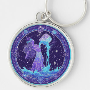 Zodiac Aquarius with Stars and Mystical Symbols Key Ring