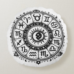 Zodiac Arcana — The Twelve Signs by BurnsInHell Round Cushion