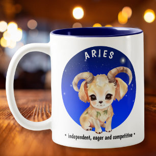 Zodiac Aries Cute Watercolor Dog custom name date Two-Tone Coffee Mug