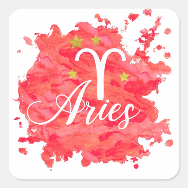 Zodiac Aries Red Watercolor Gold Stars Sign Square Sticker (Front)