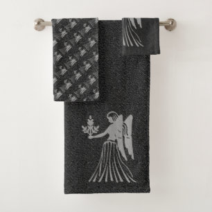 Zodiac Black and Grey Angel Star Sign Virgo Bath Towel Set