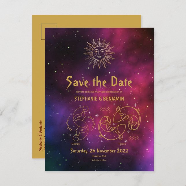Zodiac Burgundy Gemini Pisces Gold Save the Date Announcement Postcard (Front/Back)