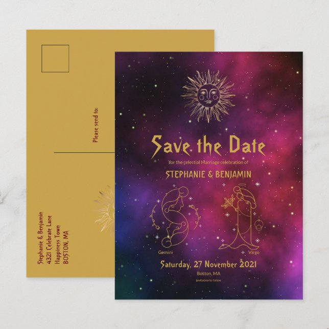 Zodiac Burgundy Gold Gemini Virgo Save the Date Announcement Postcard (Front/Back)