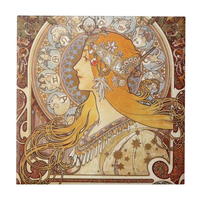 Zodiac by Alphonse Mucha Ceramic Tile (Front)