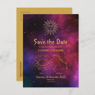 Zodiac Cancer Sagittarius Burgundy Save the Date Announcement Postcard