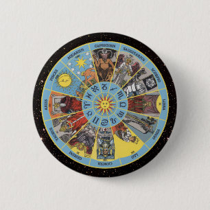 Zodiac Circle w Astrological Symbols & Tarot Cards 6 Cm Round Badge