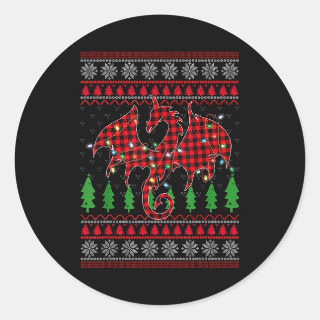 Zodiac Dragon Ugly Sweater Christmas Lights Dragon Classic Round Sticker (Front)