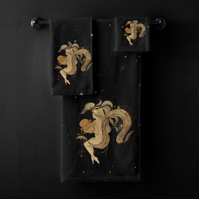 Zodiac Goddess | Cosmic Gold Aquarius Astrology Bath Towel Set (Creator Uploaded)