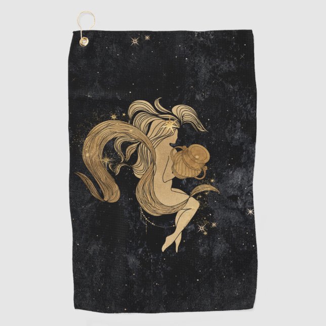 Zodiac Goddess | Cosmic Gold Aquarius Astrology Golf Towel (Front)