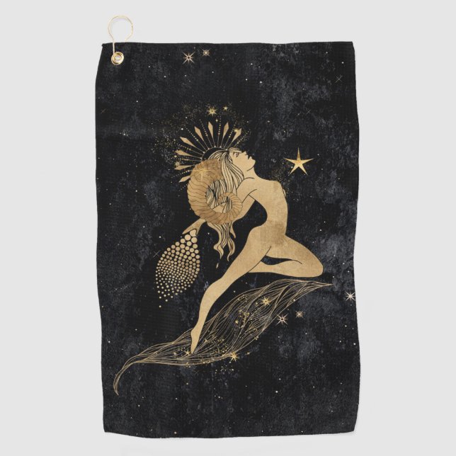 Zodiac Goddess | Cosmic Gold Aries Astrology Golf Towel (Front)