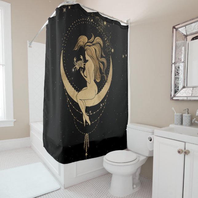 Zodiac Goddess | Cosmic Gold Cancer Astrology Shower Curtain (In Situ)