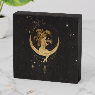 Zodiac Goddess   Cosmic Gold Cancer Astrology Wooden Box Sign