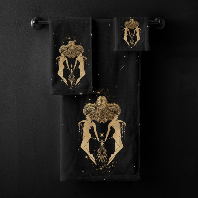 Zodiac Goddess | Cosmic Gold Gemini Astrology Bath Towel Set (Creator Uploaded)