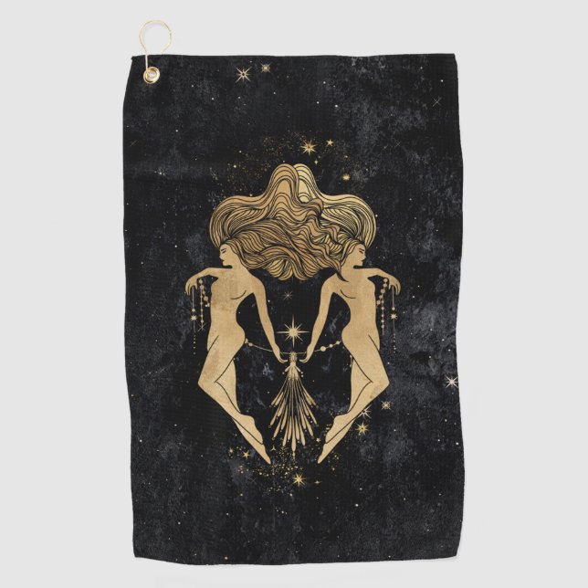 Zodiac Goddess | Cosmic Gold Gemini Astrology Golf Towel (Front)