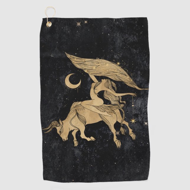 Zodiac Goddess | Cosmic Gold Taurus Astrology Golf Towel (Front)