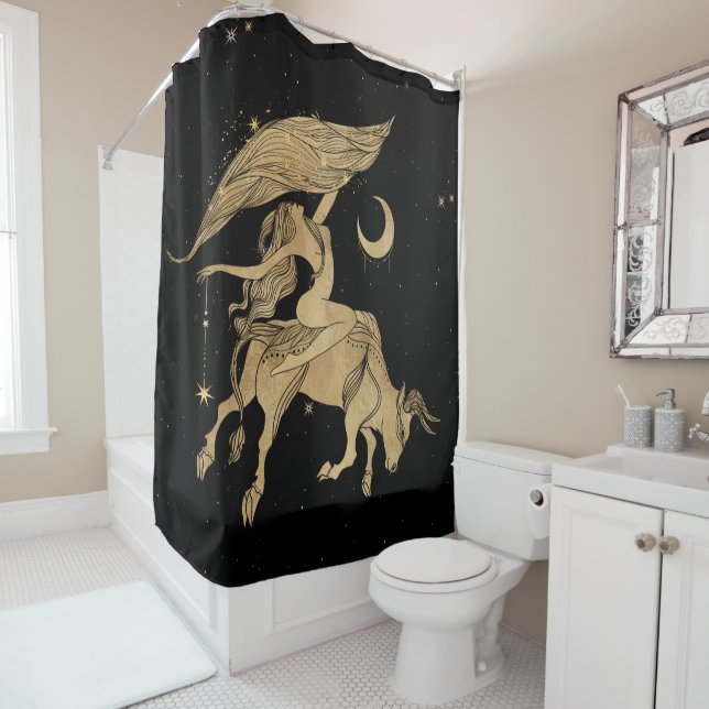 Zodiac Goddess | Cosmic Gold Taurus Astrology Shower Curtain (In Situ)