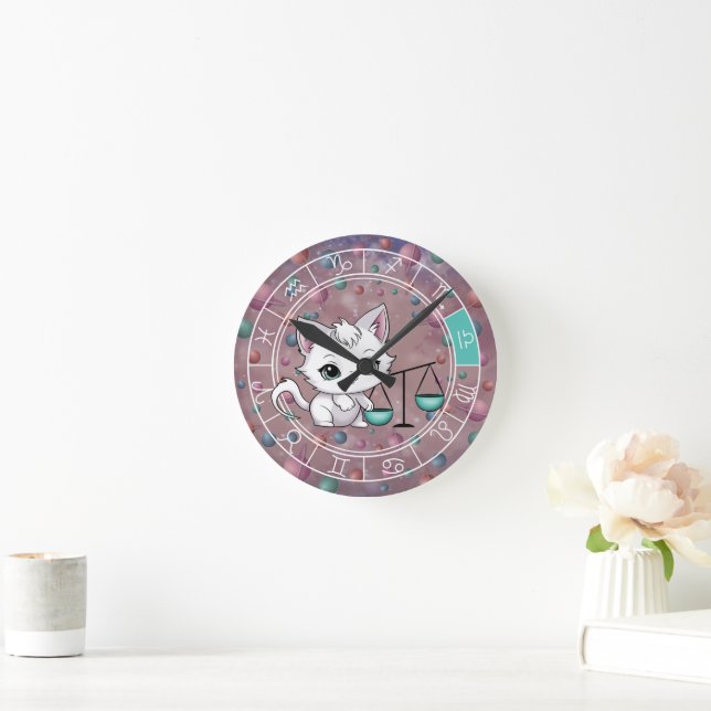 Zodiac Libra Cute Cat Wheel Planet Astrology Round Clock (Home)
