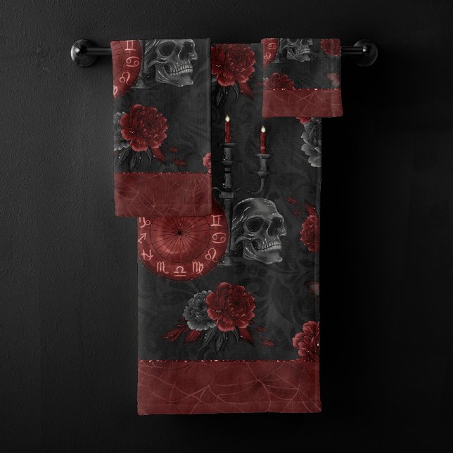 Zodiac Magic Crimson | Henna Red Gothic Skull Rose Bath Towel Set (Creator Uploaded)