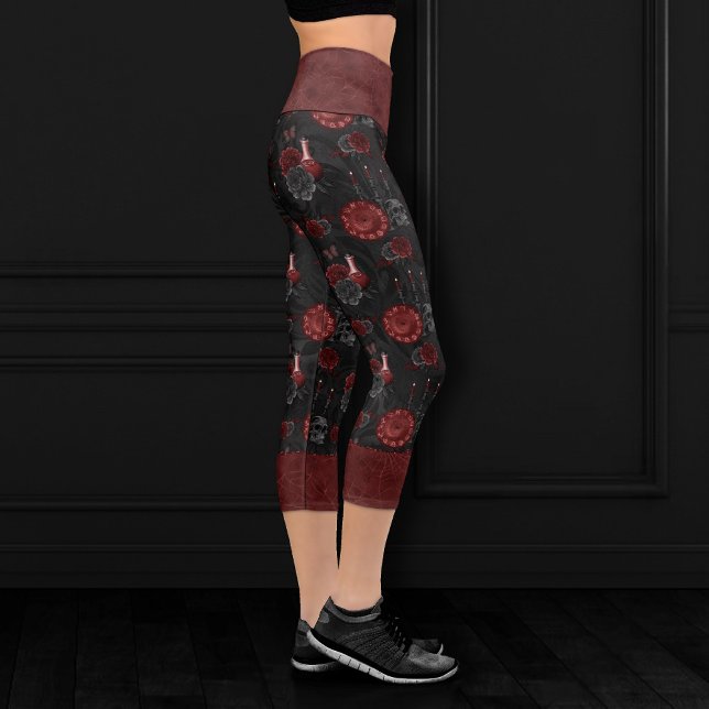 Zodiac Magic Crimson | Henna Red Gothic Skull Rose Capri Leggings (Creator Uploaded)