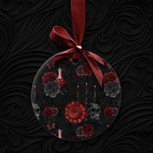 Zodiac Magic Crimson   Henna Red Gothic Skull Rose Ceramic Ornament