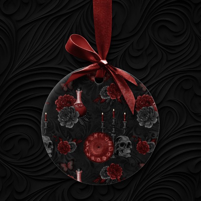 Zodiac Magic Crimson | Henna Red Gothic Skull Rose Ceramic Ornament (Creator Uploaded)