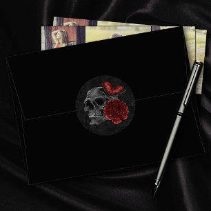 Zodiac Magic Crimson   Henna Red Gothic Skull Rose Classic Round Sticker