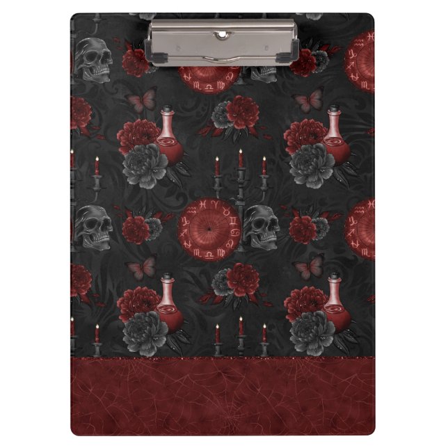 Zodiac Magic Crimson | Henna Red Gothic Skull Rose Clipboard (Front)