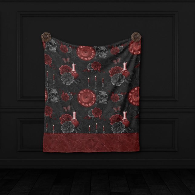 Zodiac Magic Crimson | Henna Red Gothic Skull Rose Fleece Blanket (Creator Uploaded)