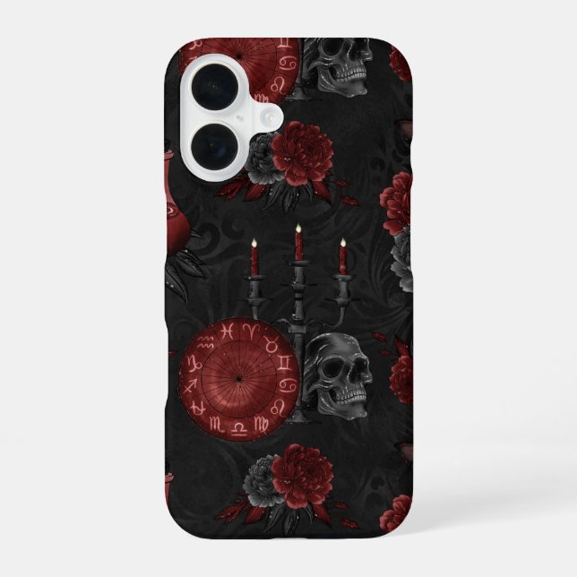 Zodiac Magic Crimson | Henna Red Gothic Skull Rose iPhone 16 Case (Back)