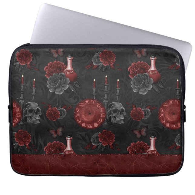 Zodiac Magic Crimson | Henna Red Gothic Skull Rose Laptop Sleeve (Front)