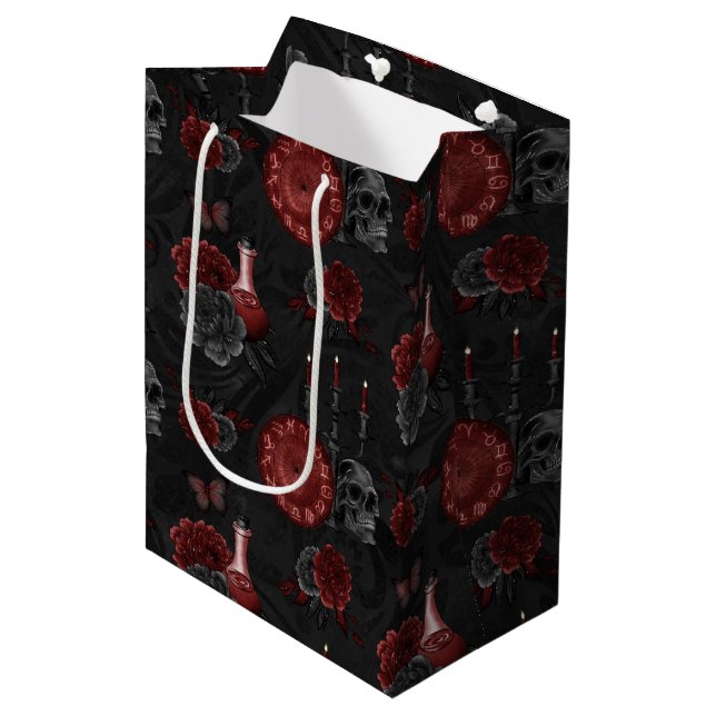 Zodiac Magic Crimson | Henna Red Gothic Skull Rose Medium Gift Bag (Front Angled)