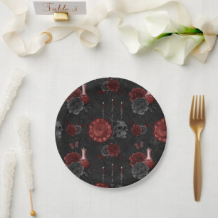 Zodiac Magic Crimson   Henna Red Gothic Skull Rose Paper Plate