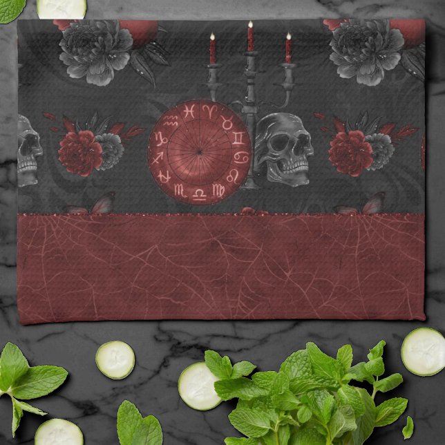 Zodiac Magic Crimson | Henna Red Gothic Skull Rose Tea Towel (Creator Uploaded)