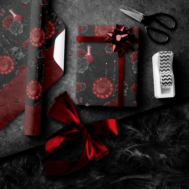 Zodiac Magic Crimson | Henna Red Gothic Skull Rose Wrapping Paper (Creator Uploaded)