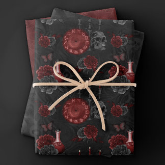 Zodiac Magic Crimson | Henna Red Gothic Skull Rose Wrapping Paper Sheet