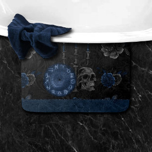 Zodiac Magic   Dark Navy Blue Gothic Skull Roses Bath Mat