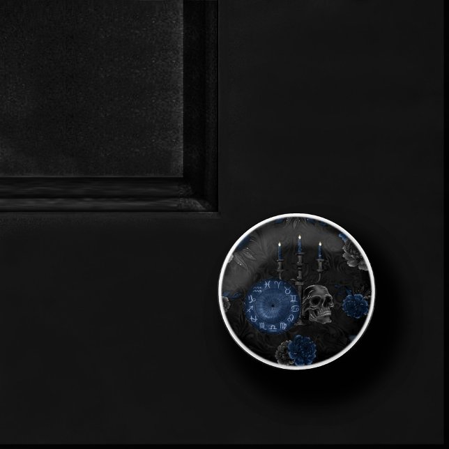 Zodiac Magic | Dark Navy Blue Gothic Skull Roses Ceramic Knob (Creator Uploaded)
