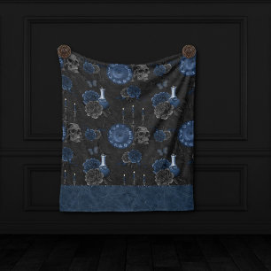 Zodiac Magic Dark Navy Blue Gothic Skull Roses Fleece Blanket