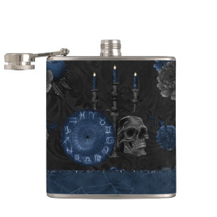 Zodiac Magic   Dark Navy Blue Gothic Skull Roses Hip Flask