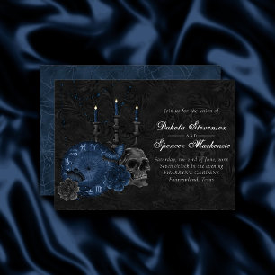 Zodiac Magic   Dark Navy Blue Gothic Skull Roses Invitation