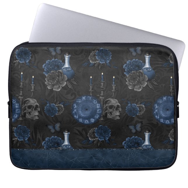 Zodiac Magic | Dark Navy Blue Gothic Skull Roses Laptop Sleeve (Front)